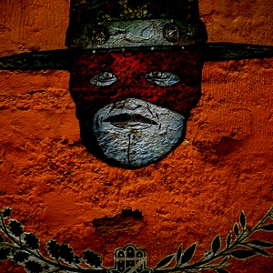 Mur rouge, tête de Zorro et branches - France  - collection de photos clin d'oeil, catégorie streetart